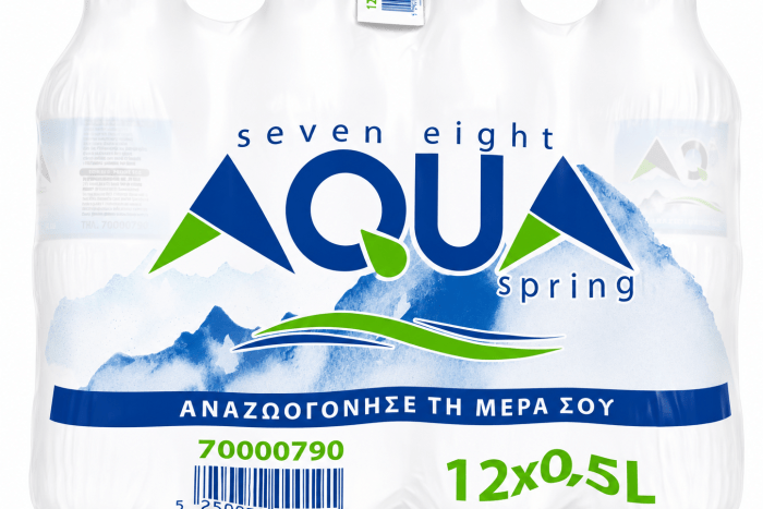 Aqua Spring 12-pack of water bottles with blue-green mountain logo and Greek slogan (12x0.5L)