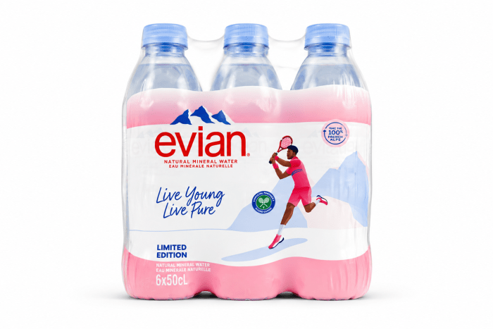 Six 50cl Evian pink-labeled bottles in a six-pack, featuring a tennis player graphic on the label (Limited Edition).
